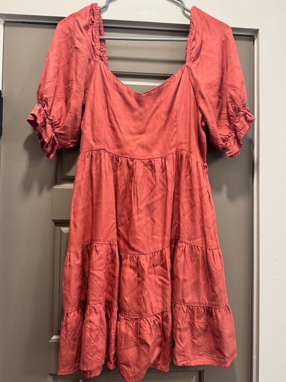 Rust Red Tiered Puff Sleeve Dress